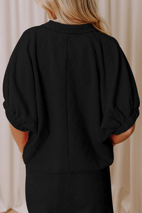 Retro Vibe Textured Zip Neck Collared Top Mini Skirt Set